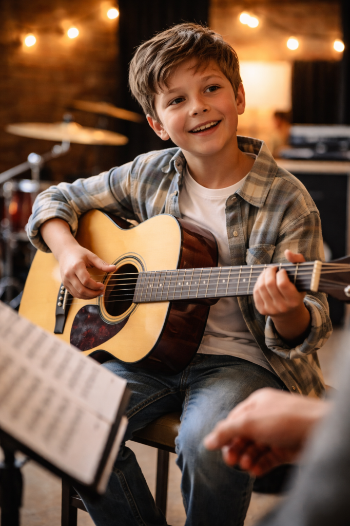 beginner lessons-young boy on acoustic guitar young boy gets guitar lessons