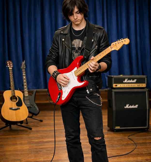 intermediate-lessons-teenager-on-electric-guitar teenage boy playing an electric guitar